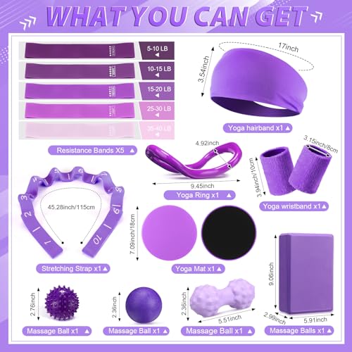 Halloscume 24 Pcs Pilates Kit, Home Pilate Equipment for Women, Pilates Ring and Ball Set with Stretching Strap, Water Bottle, Magic Circle, Yoga Ring, Gym Bag, Resistance Band, Anti Slip Sock - color: Purple