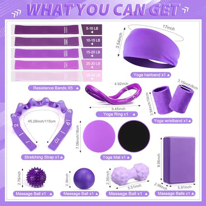 Halloscume 24 Pcs Pilates Kit, Home Pilate Equipment for Women, Pilates Ring and Ball Set with Stretching Strap, Water Bottle, Magic Circle, Yoga Ring, Gym Bag, Resistance Band, Anti Slip Sock - color: Purple