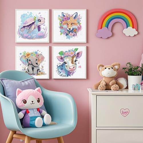PERFECTSIGHT Cute 5D Diamond Art Kits, Kawaii DIY Painting Art for Adults Teen, 4 Pack Diamond Arts and Crafts Sets, Big Gem Full Drill Diamond Dots for Women (Turtle+Fox+Cow+Elephant) - style: Turtle+Fox+Cow+Elephant