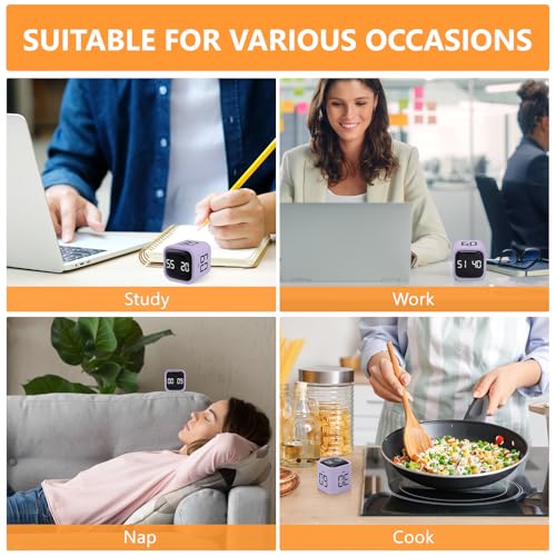 GuDoQi Multi-Function Cube Timer, 5/10/30/60 Min & Custom Count Down, Included Pause & Resume Feature, Silent, Vibrate & Adjustable Sound Alarm for Productivity in Tasks, Study & Kitchen, Purple - color: Purple