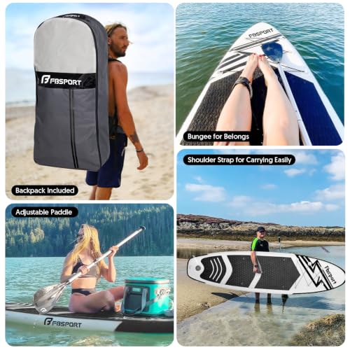 FBSPORT 11' Premium Stand Up Paddle Board, Yoga Board with SUP Accessories & Carry Bag | Wide Stance, Surf Control, Non-Slip Deck, Leash, Paddle and Pump for Youth & Adult - color: Black White