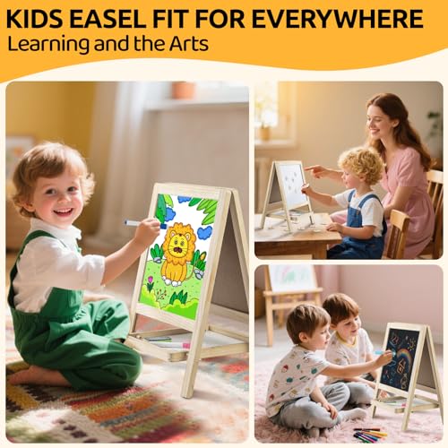 Tabletop Wooden Art Painting Easel for Kids 2-4, Chalkboard & Double-Sided Drawing Whiteboard for Toddlers, 4-in-1 Desk Easel with Magnetic Letters/Numbers & Flashcards Markers, Eraser