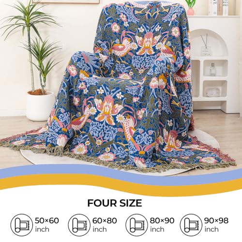 Boho Cotton Muslin Twin Size Bed Throws Blue&Yellow 60"×80" - color: Bird&florals, size: 60''x80''