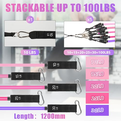 WIKDAY Exercise Resistance Bands with Handles for Working Out Workout Bands Set with Door Anchor for Physical Therapy, Yoga, Pilates - color: Pink Purple, size: Light (10-100lb)