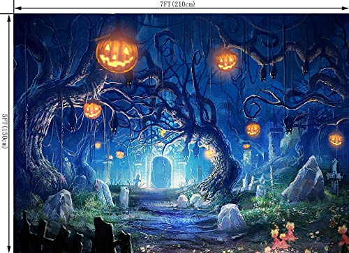7X5FT Halloween Theme Forest Scary Scene Pumpkin Pictorial Cloth Photography Background Computer-Printed Vinyl Backdrop Photo Studio Prop TP272 - size: 7'x5'