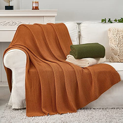 Longhui bedding 100% 면 니트 담요 - 번트 오렌지, 부드럽고 아늑함, 세탁기 사용 가능, 152.4cm x 203.2cm(60 x 80인치) - 거실, 소파, 침대 또는 여행에 적합 - color: 번트 오렌지., size: 60" x 80", Oversized