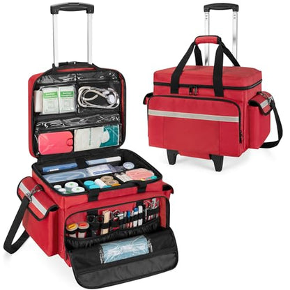 Trunab Rolling Medical Bag with Trolley & Dividers, Nurse Responder Tote - color: Red