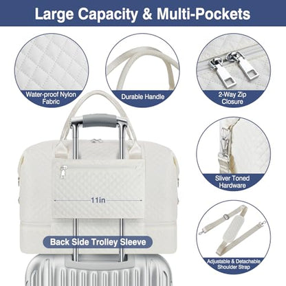 ITIEZY Weekender Bag for Women 21.5" Travel Duffel Large Carry On Bag 3PCS | Nylon Duffel Bag with Waterproof Shoe Compartment, Crossbody Bag and Toiletry Bag, Travel Weekend Hospital Overnight Gym Bag - color: 9A-Off White