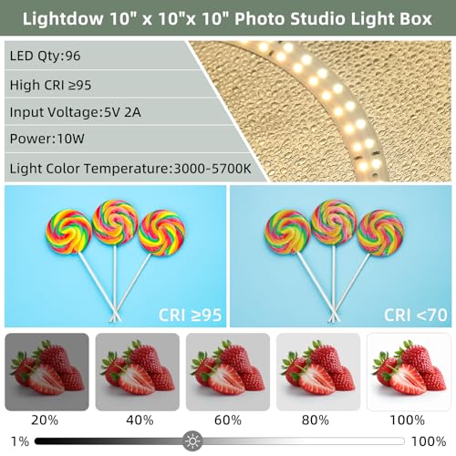 Lightdow 10"x10"x10" Photo Studio Light Box Photography with 96 LEDs (CRI>95), 6 Backdrops - Portable/Dimmable/Versatile Folding Shooting Tents for Toys/Jewelry/Watches/Cosmetics Photography - size: 10"x10"x10"