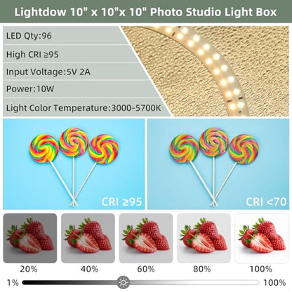 Lightdow 10"x10"x10" Photo Studio Light Box Photography with 96 LEDs (CRI>95), 6 Backdrops - Portable/Dimmable/Versatile Folding Shooting Tents for Toys/Jewelry/Watches/Cosmetics Photography - size: 10"x10"x10"