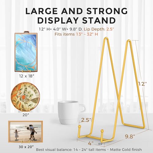 TR-LIFE 12 Inch Large Plate Stands/holder for Display - Metal Picture Frame Holder Stand + Small Easels for Platter, Book, Plaques, Photo, Tabletop Art (Gold 2 Pack) - size: 12 Inch
