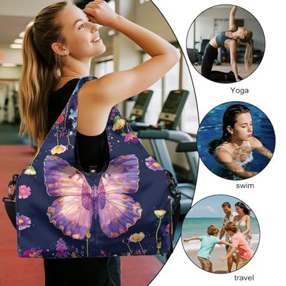 Yoga Mat Bag for Men Women Canvas Yoga Mat Carrier Take In Out Mat Easily for Beach Swim Bags Pool Sports Gym - color: Butterfly purple