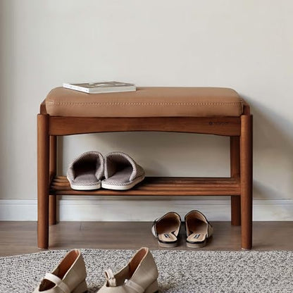 Solid Wood Shoe Bench, 24 Inch Entryway Bench with Brown Leather Cushion - color: Walnut + Brown Leather Cushion, size: 23.62"