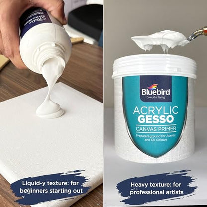 BLUEBIRD Canvas Board Set of 10 (2 each of 4x4, 5x7, 8x10, 9x12, 11x14) Studio Acrylic Gesso 500ml - White Liquid Gesso Primer
