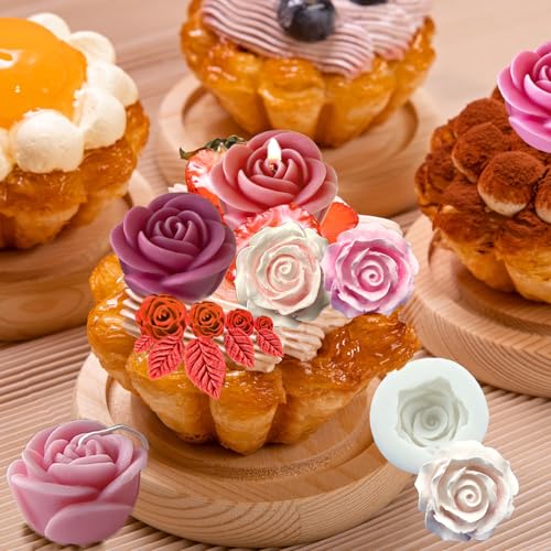 3 Pack Rose Candle Molds with 1 Leaf Mold, 3D Roses Soap Mold with Candlewick Flower Silicone Molds for Candles Making Epoxy Resin Casting Handmade Gift Soap Clay Plaster Home Décor - color: ROSE-LEAF
