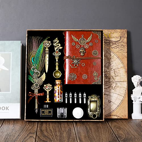Quill Pen and Ink Set, With Notebook Wax Seal Stamp Kit, Calligraphy Set for Writing Lovers, Valentine's Day and Birthday Gifts, Ideal for Holidays(Peacock Feather) - color: Peacock Feather