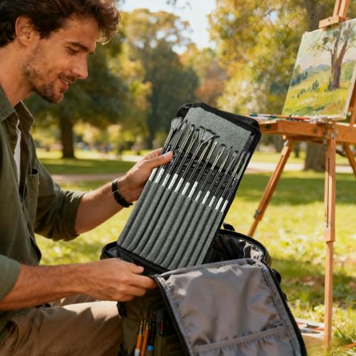 Professional 24Pcs Paint Brushes Set: Wooden Handle Nylon Bristles for Acrylic Oil Watercolor Gouache Painting Outdoor Landscape Sketching Traveling Artists