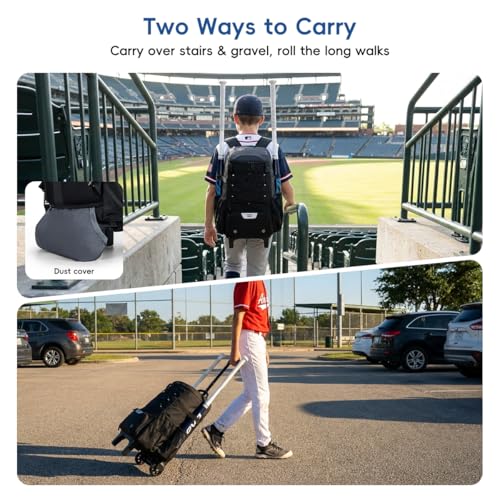 KAVIGOR 2-in-1 Rolling Baseball & Softball Bag, Detachable Backpack, Roll or Carry, Dual-Pole Anti-Tip, 3.5" Wheels, No Tools Setup - color: Black