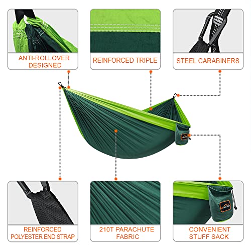 AnorTrek Camping Hammock, Super Lightweight Portable Parachute Hammock with Two Tree Straps Single or Double Nylon Travel Tree Hammocks for Camping Backpacking Hiking - color: Dark Green&green, size: Single 110''L x 55''W