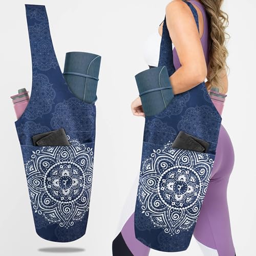 Yoga Mat Bag Yoga Tote Bag with Large Pocket and Zipper Pocket Yoga Mat Bag Carrier Fit Most Size Mats and All You Stuff - color: dark blue