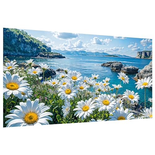 JOOZ Large Diamond Painting Kits for Adults 5D Landscape Diamond Painting Kits for Adults DIY Full Drill Diamond Painting Flowers Kits Daisy Gem Painting Kits for Gift Home Wall Decor 27.5x15.7 Inch - color: Seaside Flowers 21