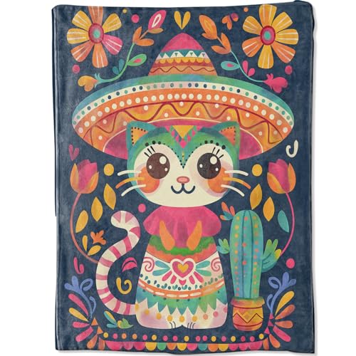 Mexican Traditional Attire Cat Blanket Gifts for Girls Kids Women, Exotic Flowers Potted Cactus Throw Blankets for Sofa Office Couch Room Decor, Cozy Lightweight Warm Soft Throws, 60x80 in - color: Cat 01, size: 80x60 in