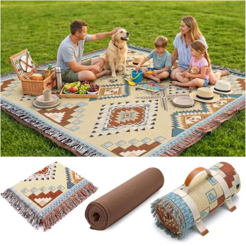 RYCHIC 2 in 1 Extra Large Camping Blanket Outdoor Rug Picnic Yoga Mat Lightweight Car Essential Roadtrip Gadget Rv Accessories Glamping Gear Must Haves Hiking Backpacking Necessities Women Beach Gift - color: Boho Yellow