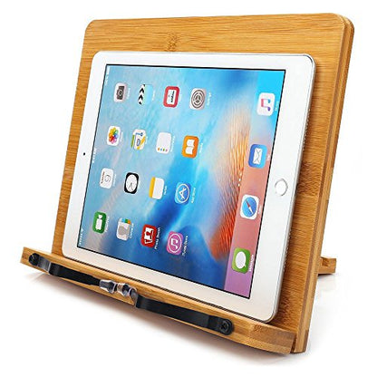 wishacc Bamboo Book Stand, Adjustable Book Holder Tray and Page Paper Clips-Cookbook Reading Desk Portable Stable Hard-Wearing Lightweight Bookstand-Textbooks Books - size: 11.0 x 8.1 inches