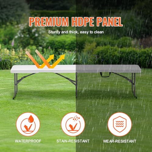VEVOR Plastic Folding Bench, 6ft Portable Folding Bench, Smooth High Density Polyethylene Waterproof Outdoor Bench, Picnic Camping Table with Handle for Garden Soccer Playtime, White (1 Pack)