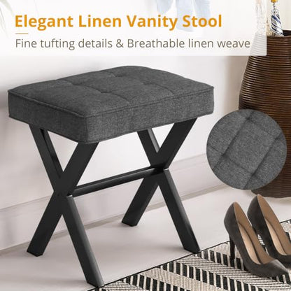 LUE BONA Vanity Stool, Square Linen Makeup Stool with Metal X Legs, Small Ottoman Stool Chair for Vanity, Modern Padded Vanity Seat Foot Rest Stool for Makeup Room, Living Room, Bathroom, Carbon Gray - color: Carbon Gray