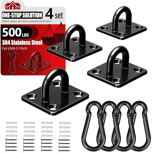 sprookber 304 Stainless Steel Pad Eye Snap Hook, M5 Ceiling Hook 500Lb,8Pcs | Hanging Kit with Screws for Hammock Chair Swing, Yoga Gym Equipment, Sun Shade Sail, Plant Hangers & Marine Boat Hardware - size: 2 Inch, style: Black Square
