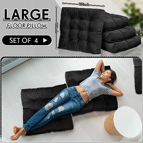 Jerify Black 4 Pcs Large Floor Pillow Cushion,Square 22 x 22 | Round Square Flexible Seating Floor Meditation Pillow for Classroom Adult Picnic Party Learning Daycare School Reading Corner - color: Black, size: Square 22 x 22