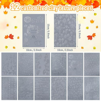 DoubleFill 12 Pcs Fall Polymer Clay Texture Sheets Set, Maple Leaves, Pumpkin Miniature Clay Molds Pine Cone Pattern Silicone Polymer Clay Molds for Fall Autumn Thanksgiving Jewelry Earrings Making - style: Autumn