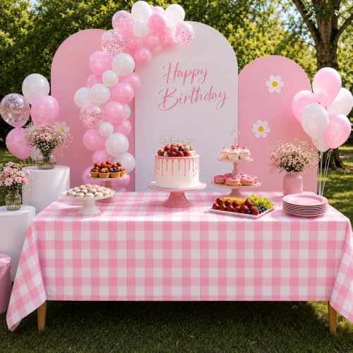 Blue Orchards Pink Gingham Table Cover (Pack of 3 with 20 Glue dots) - 54"x108" XL - Pink and White Checkered Plaid Picnic Tablecloth, Baby & Bridal Shower Decoration, Outdoor Birthday Party Supplies - color: Pink Gingham (Pack of 3)