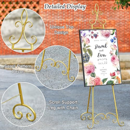 61”H x 20”L x 24”W Metal Extra Large Free Standing Display Stand Easel | Gold Scroll Floor Easel Stand for Sign Wedding Mirror Picture Frame, with Adjustable Chain