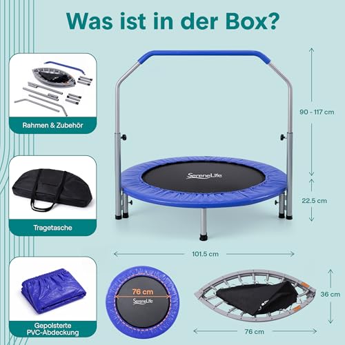 SereneLife 40" Foldable Mini Trampoline for Adults - Compact Fitness Rebounder with Adjustable Foam Handle, Exercise Trampoline with Max Load 330lbs, Indoor/Garden Whole-Body Workout - color: Deep Blue