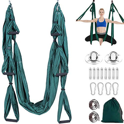 Aerial Trapeze Yoga Hammock Kit - Ultra Strong Antigravity Yoga Flying Sling Inversion Swing Tool Set - color: Green