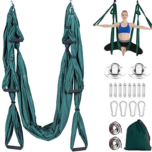 Aerial Trapeze Yoga Hammock Kit - Ultra Strong Antigravity Yoga Flying Sling Inversion Swing Tool Set - color: Green