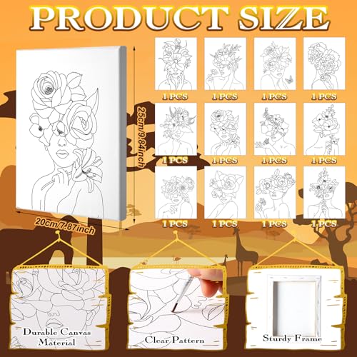 Motipuns 12 Set Flower Crown Lady Pre Drawn Canvas for Paint for Adults | 12 x 16 Inch, Sip and Paint Party Kit, Pre Printed Framed Canvas with Easels Paints Brushes Aprons, Party Adult Art Supplies - style: Black Floral Girl