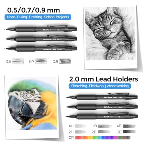 Nicpro 6PCS Art Mechanical Pencil Set,HD1000 Mechanical Drawing Pencils | 3 PCS Mechanical Pencils 0.5-0.9 mm & 3 PCS 2mm Lead Holder (6B 4B 2B HB 2H 4H Colors) For Outdoor Writing, Sketching Drawing - style: 0.5,0.7,0.9,2.0mm(6 Pcs)