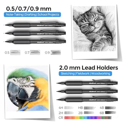 Nicpro 6PCS Art Mechanical Pencil Set,HD1000 Mechanical Drawing Pencils | 3 PCS Mechanical Pencils 0.5-0.9 mm & 3 PCS 2mm Lead Holder (6B 4B 2B HB 2H 4H Colors) For Outdoor Writing, Sketching Drawing - style: 0.5,0.7,0.9,2.0mm(6 Pcs)