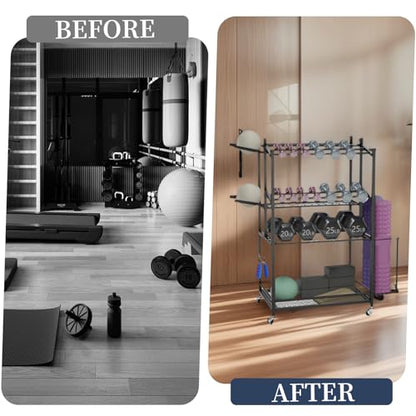 3-Tier Rolling Dumbbell Rack with Yoga Mat Basket & Hooks – Heavy Duty Steel Home Gym Storage Cart for Weights, Kettlebells, and Foam Rollers – 350Lbs Capacity Mobile Organizer with Lockable Wheels (Black)