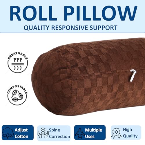 Neck Roll Pillow,Cervical Neck Pillow Bolster Pillow for Sleeping | Cotton neck roll, machine-washable cover, supports neck, legs, back & sleeping, slim bolster for bed & yoga - color: Checkerboard--brown