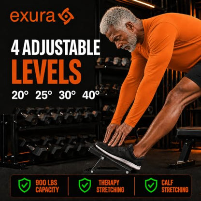 EXURA Slant Board for Calf Stretching & Plantar Fasciitis Relief, Adjustable Wide Metal Squat Wedge, Calf Stretcher for ATG Training, Knees Over Toes & Physical Therapy