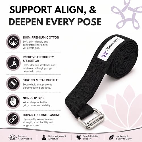 Yogikuti Premium Cotton Yoga Strap | Adjustable Yoga Belt for Stretching, Flexibility, Balance & Alignment | Yoga Accessories for Beginners, Pilates, Meditation, Exercise, Fitness & Physical Therapy - color: Black, size: 9ft(3mtr)