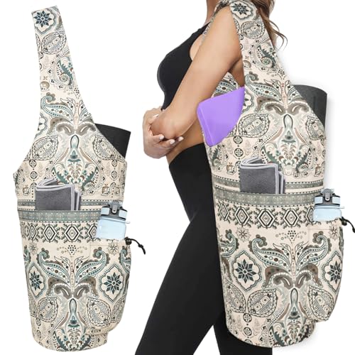 Yoga Mat Bag - Large Opening Long Tote Yoga Mat Carrier Holder Bag with Waterproof Wet Zipper Pocket and Drawstring Water Bottle Pocket - Yoga Bag Fit Most Size Mats - color: Indian Floral