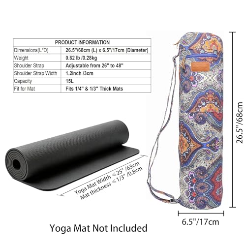 Yoga Mat Bag for Women & Men, Full-Zip Canvas Pilates Bag with Pockets | Lightweight Yoga Mat Carrier with Adjustable Shoulder Strap, Fits 1/4 & 1/3 Inch Thick Mats, for Studio Gym Travel Workout - color: Celestial