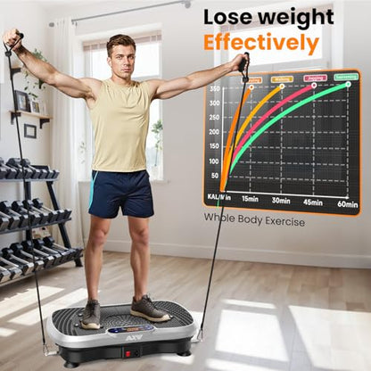 AXV Vibration Plate Fitness Platform Exercise Machine Body Vibrating Board | Curved Design Powerful 200W Bluetooth Oscillating Shake Plate for Lymphatic Drainage Recovery Whole Body Toning With Handles - color: SLIM.SILVER