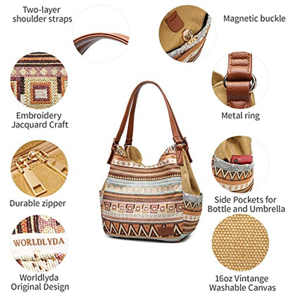 Worldlyda Women Canvas Hobo Purse Multi Pocket Tote Shopper Shoulder Bag Casual Top Handle handbag with Embroidery Ethnic - color: Be06brown Pattern 1