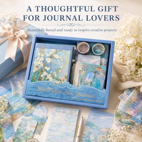 Diuhofart Sea Sketchbook Scrapbooking Kit, 128 Pcs Journal Set | Includes A6 notebook, blue coastal papers, PET stickers, washi tape and ephemera for journals, cards and memory books. - color: Sea Sketchbook